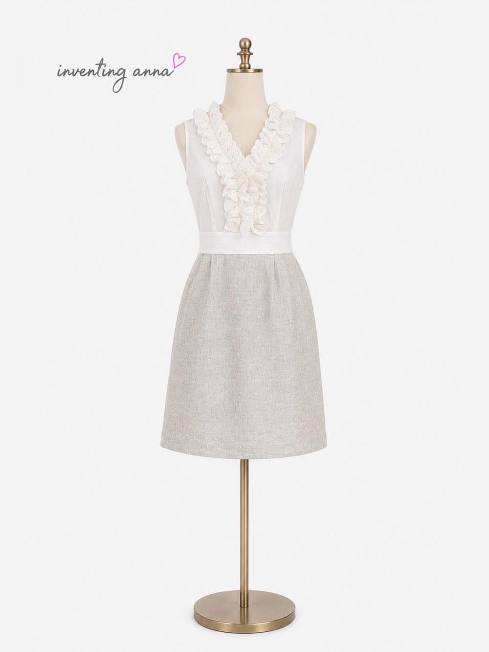 LOFT NWT White Ruffle Eyelet Beige A-Line Dress Pockets